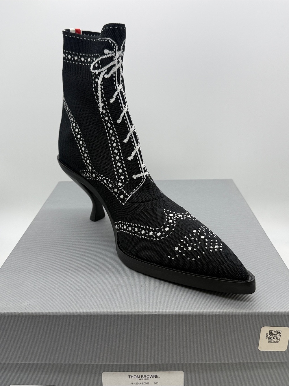 Thom Browne Black Knit Pointed Toe Ankle Boot with White Stitching